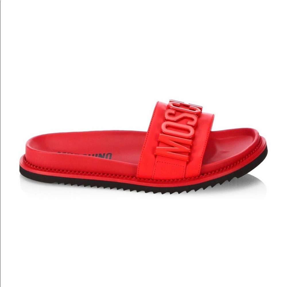 Moschino Logo Slide Leather Sandal RED Size 43